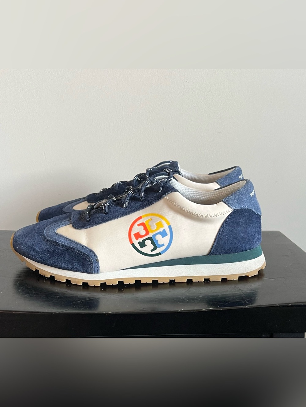 Tory Burch Annie Tempesta Blue Suede Nylon Running Sneakers Low Top Women Size 9